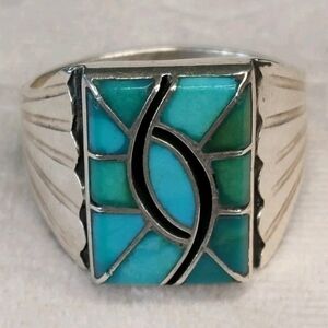 Signed Norman Lee Navajo Sterling Turquoise Inlay Ring Vintage Native Jewelry